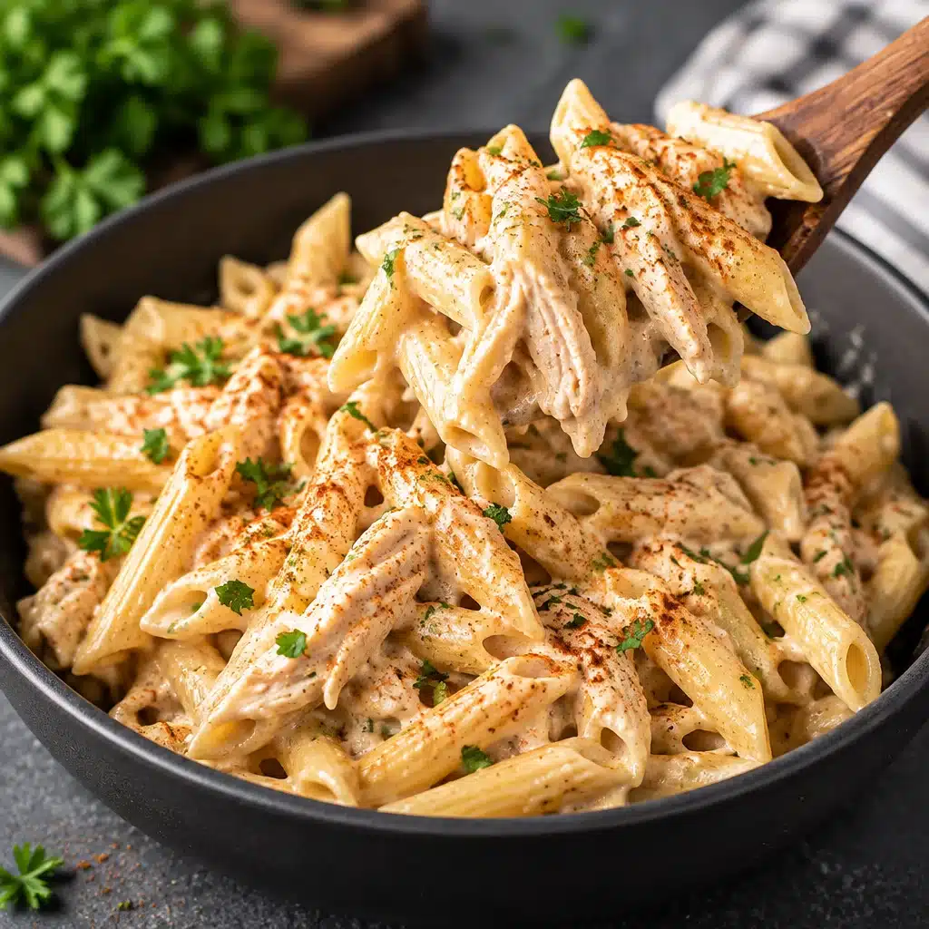 Crockpot Cajun chicken pasta with creamy sauce and bell peppers in a slow cooker.