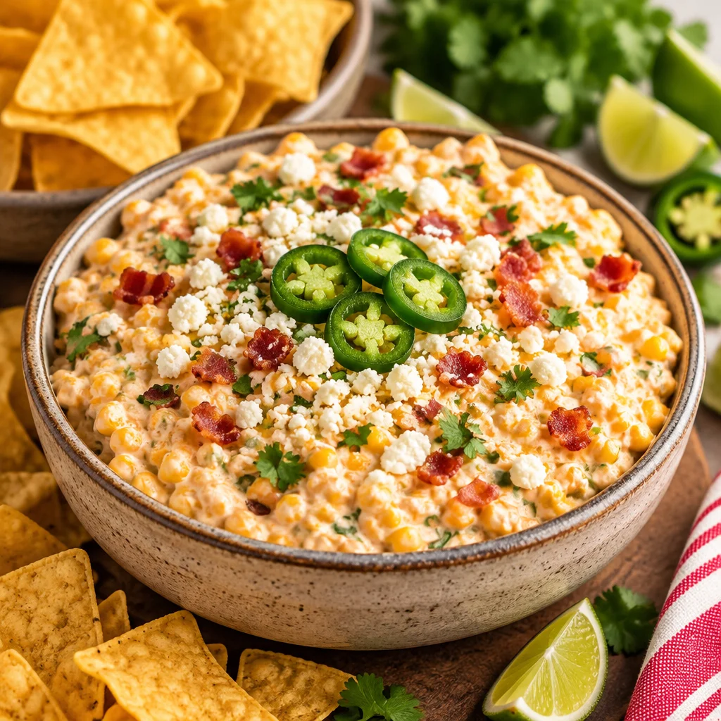 Crockpot Jalapeno Corn Dip with cheese and jalapenos served in a bowl.