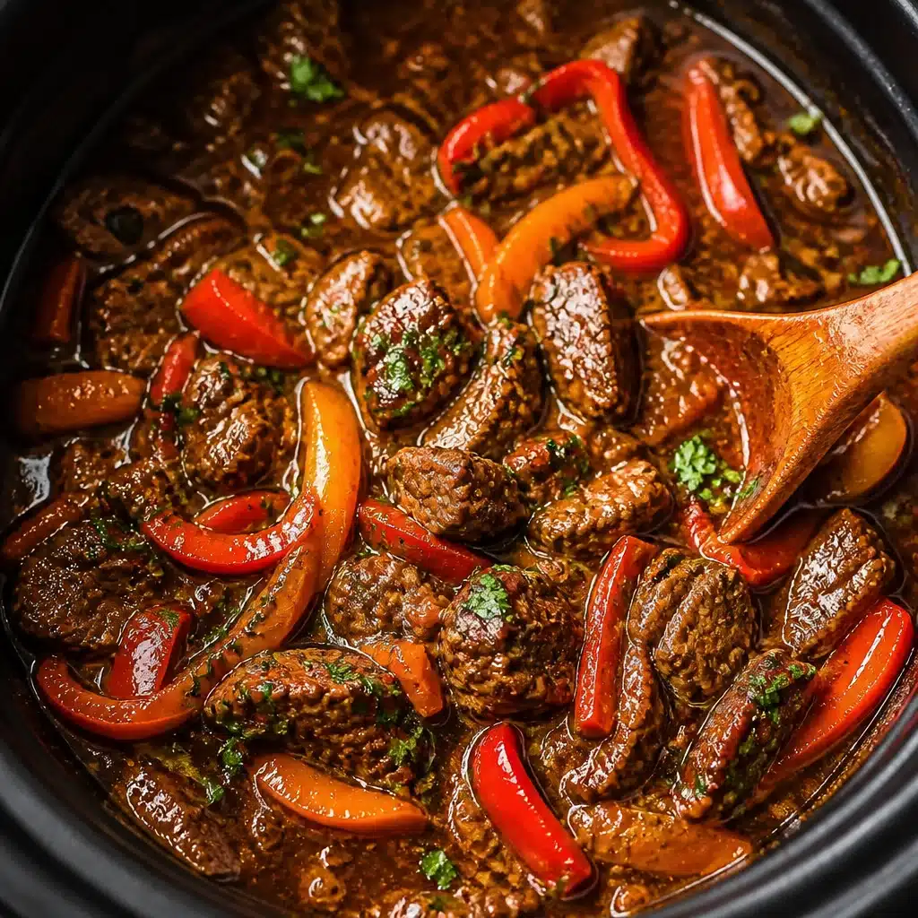 Crockpot pepper steak with tender beef and colorful bell peppers in a savory sauce.