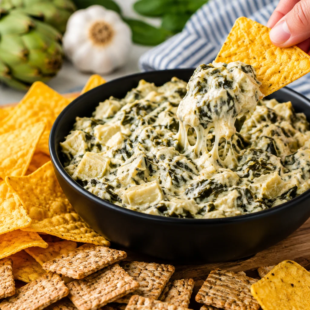 Creamy crockpot spinach artichoke dip served in a bowl with tortilla chips.