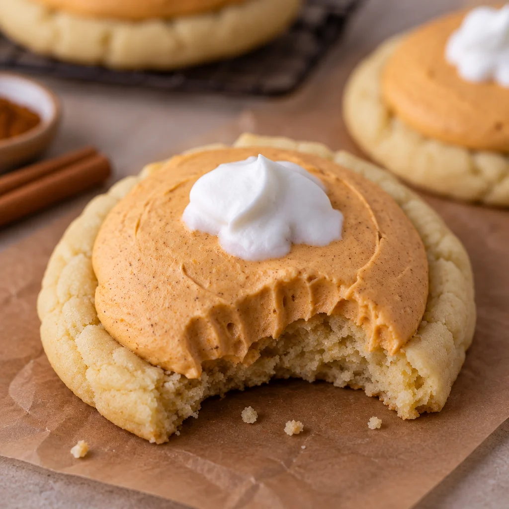 Crumbl pumpkin pie cookies with creamy pumpkin filling and whipped cream topping.