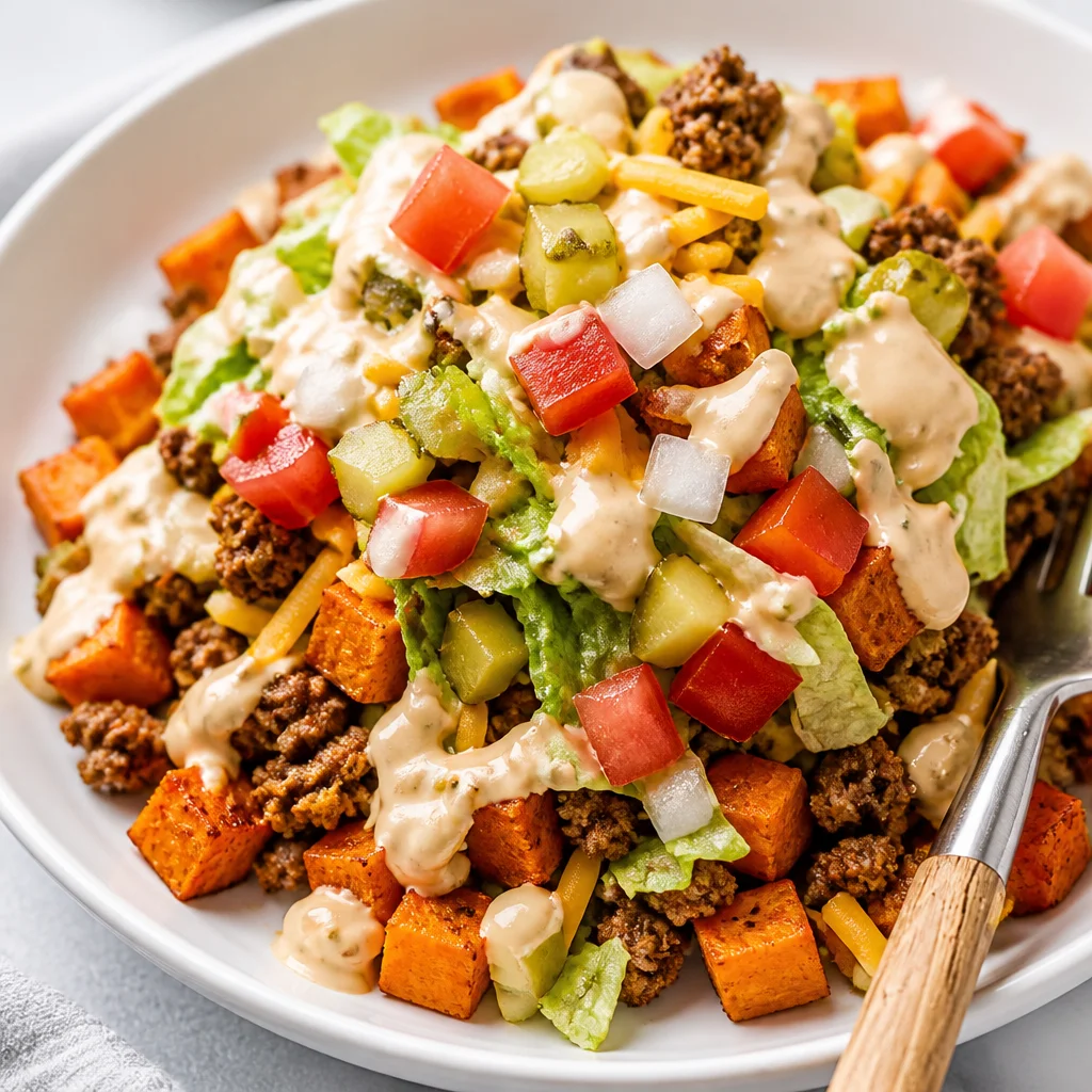 Delicious Sweet Potato Burger Bowl with Ground Beef and fresh veggies