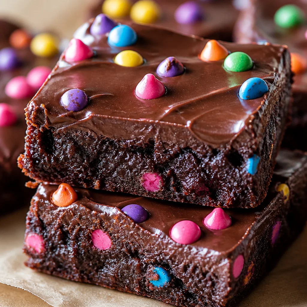 Homemade Cosmic Brownies topped with chocolate ganache and colorful sprinkles