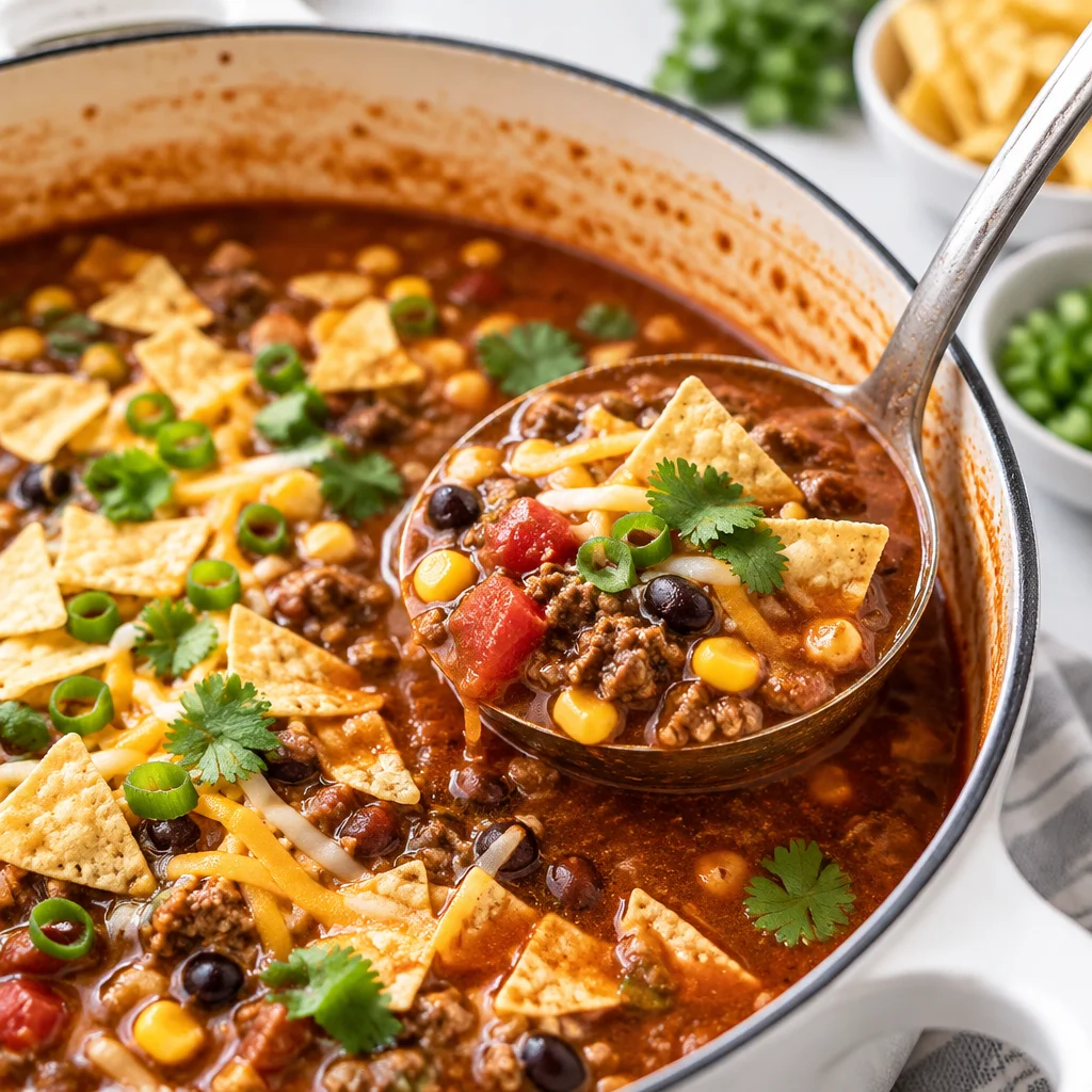 A bowl of easy taco soup filled with ground beef, beans, and colorful toppings.