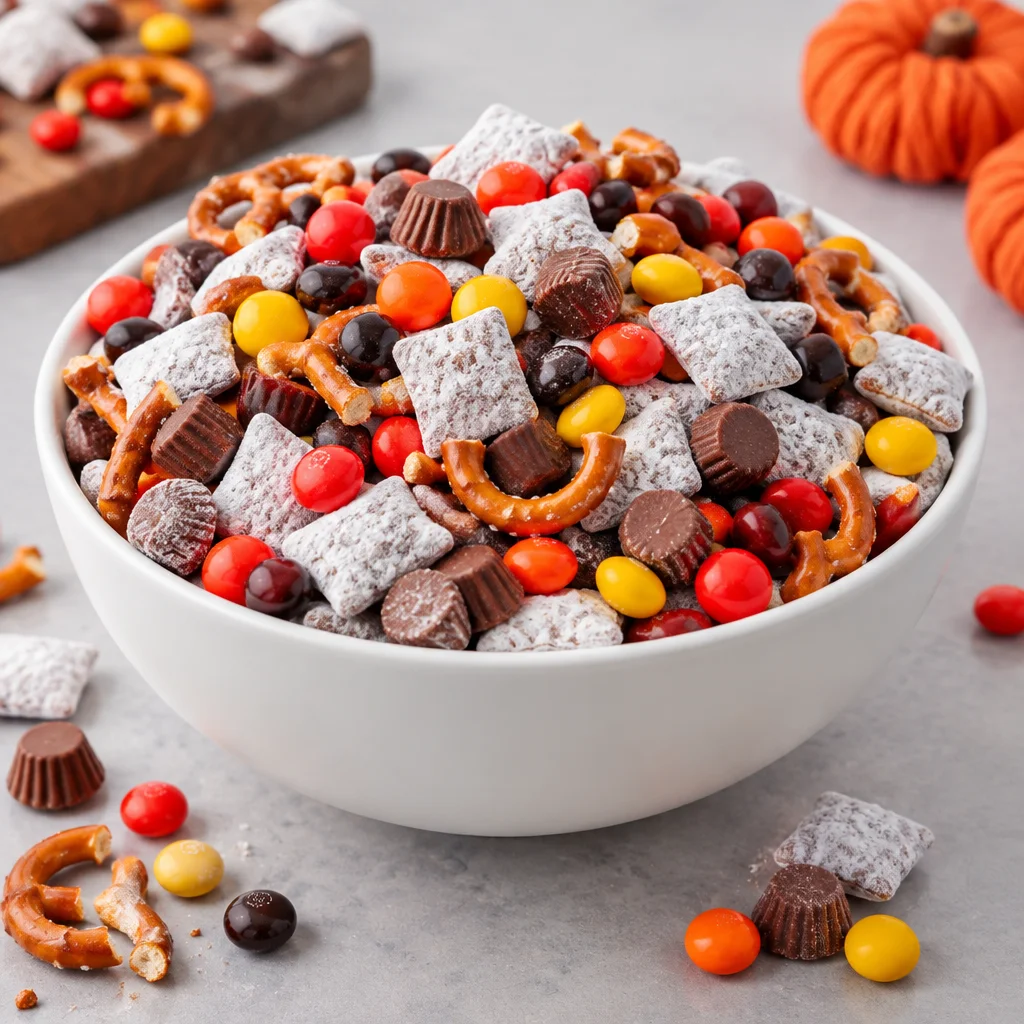 Fall Muddy Buddies snack mix with peanut butter, chocolate, and seasonal flavors