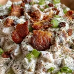 Delicious Green Crispy Potato Salad topped with fresh herbs and creamy dressing.