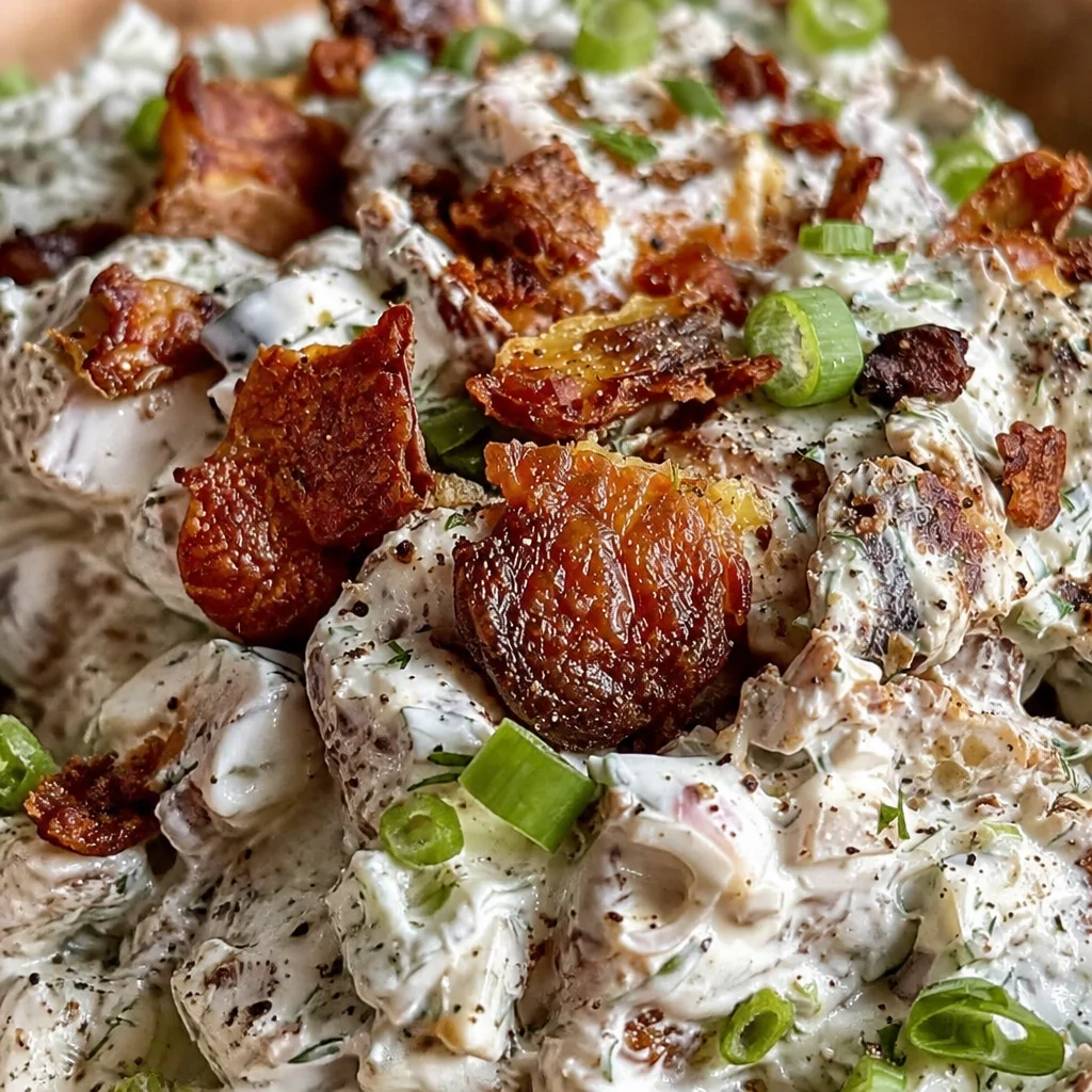 Delicious Green Crispy Potato Salad topped with fresh herbs and creamy dressing.