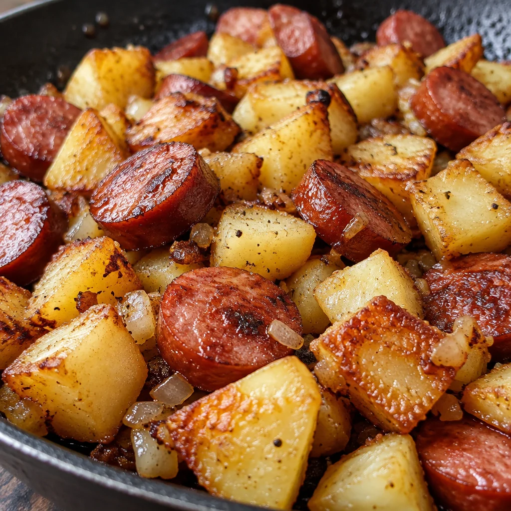 Fried potatoes and onions with smoked sausage in a skillet