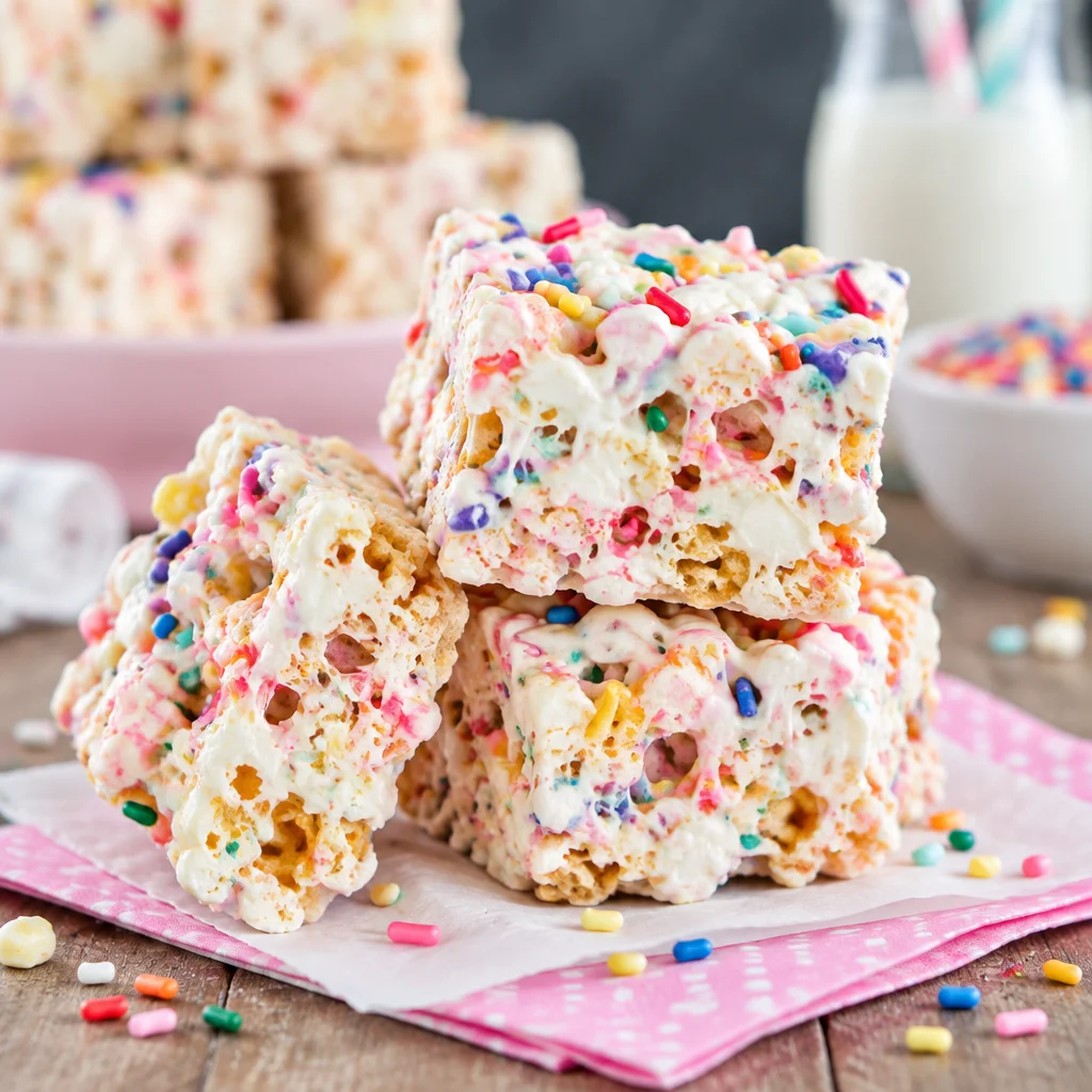 Colorful Funfetti Marshmallow Popcorn Treats with sprinkles for a festive snack.