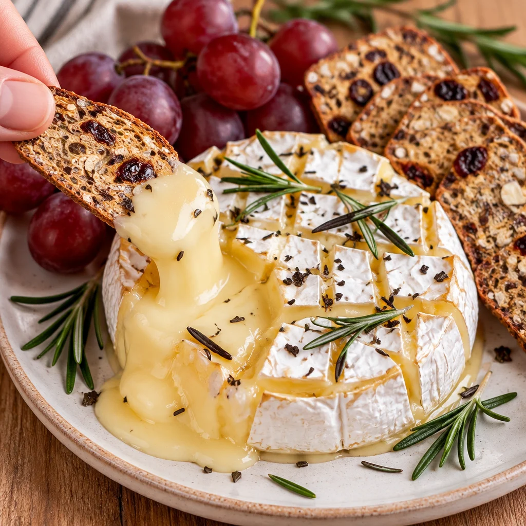 Delicious Garlic Baked Brie with herbs and garlic butter, served warm and creamy.
