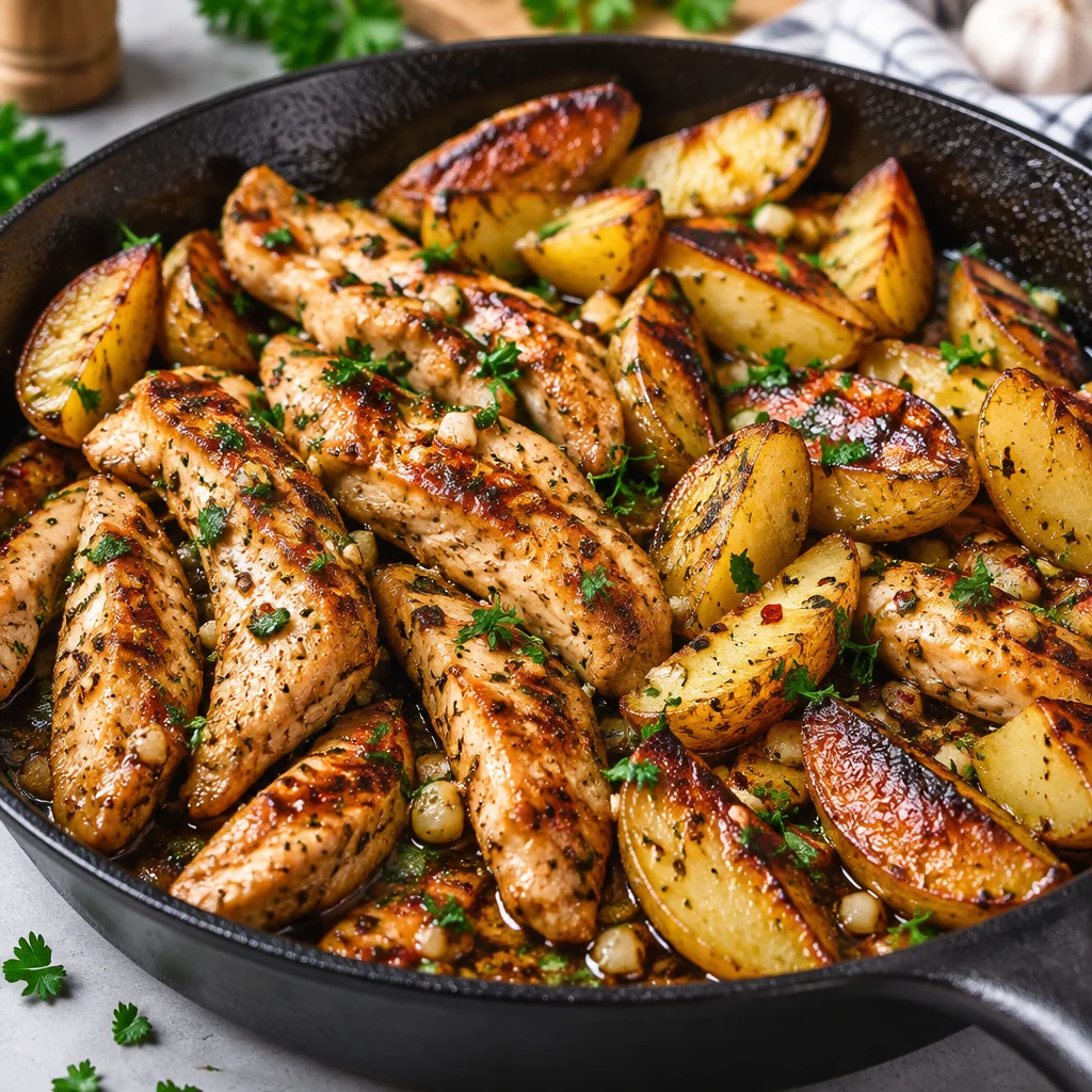 Delicious garlic butter chicken and crispy potatoes in a skillet.