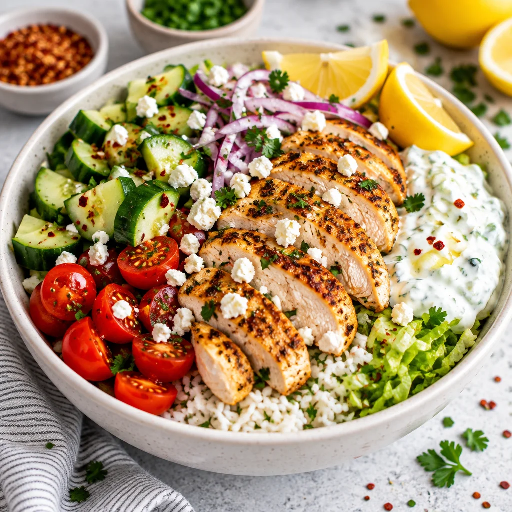 Delicious Greek chicken bowls with cucumber salad and tzatziki, perfect for meal prep.