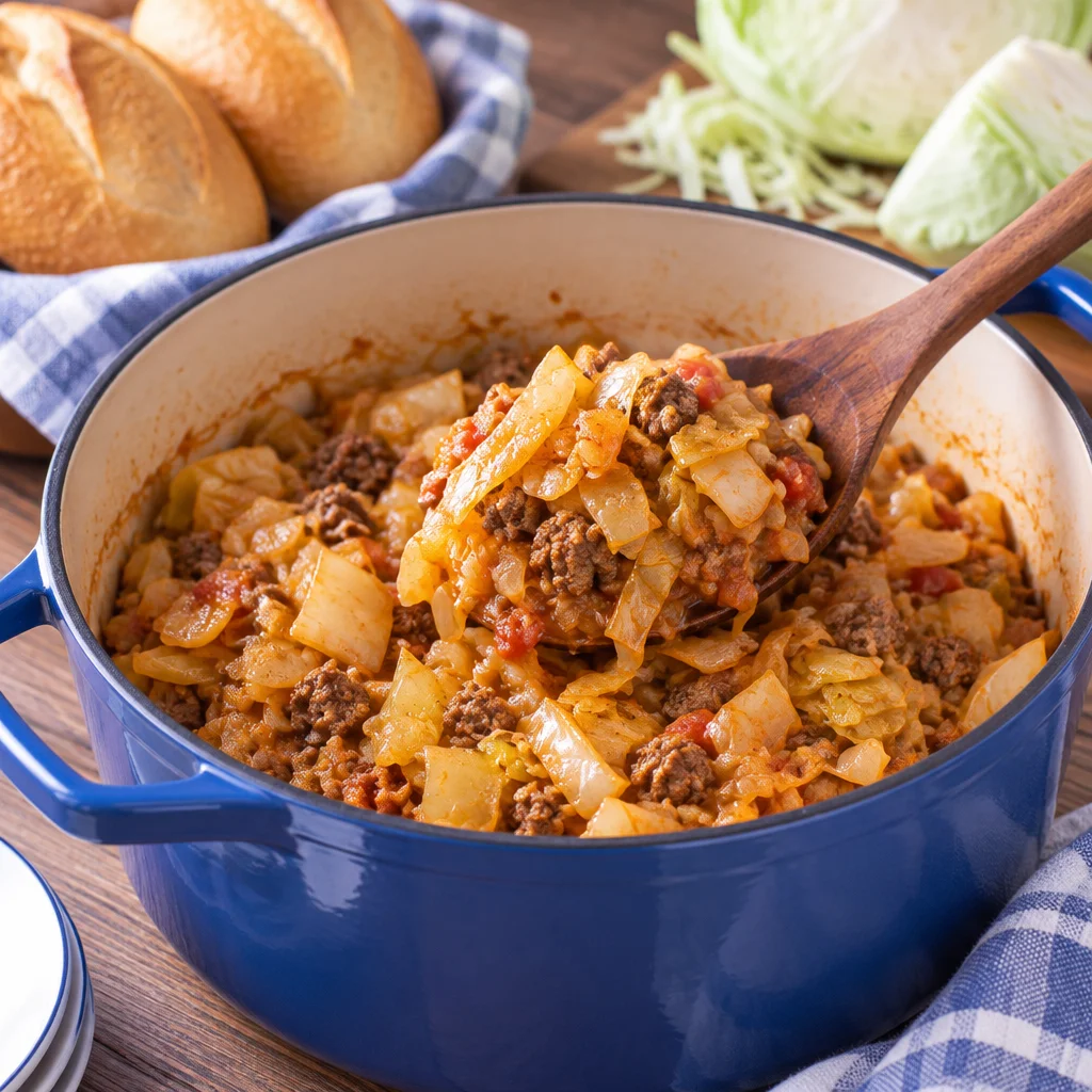 Delicious one-skillet Ground Beef and Cabbage dinner recipe with healthy vegetables.