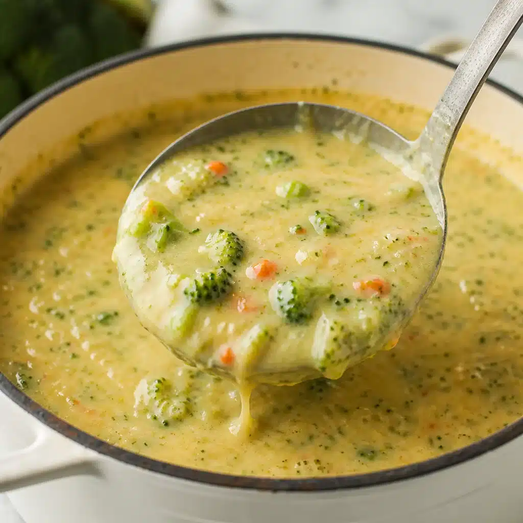 Bowl of rich and creamy high protein broccoli cheddar soup topped with cheese.