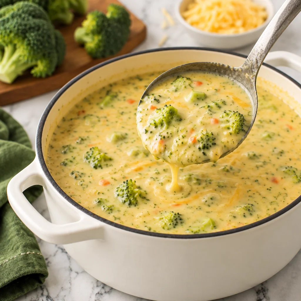 Bowl of creamy high protein broccoli cheddar soup with cheddar on top