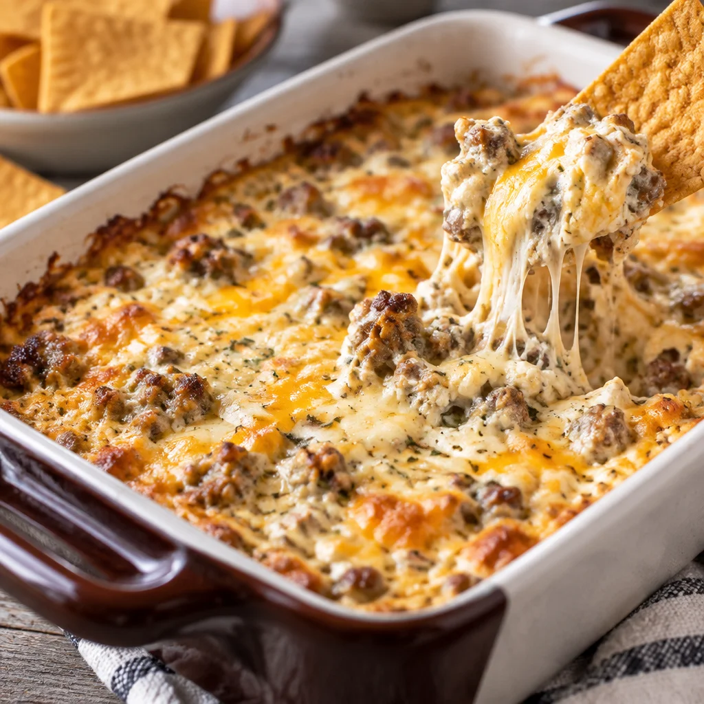 Delicious Hissy Fit Dip with sausage, cheese, and seasonings, perfect for parties.