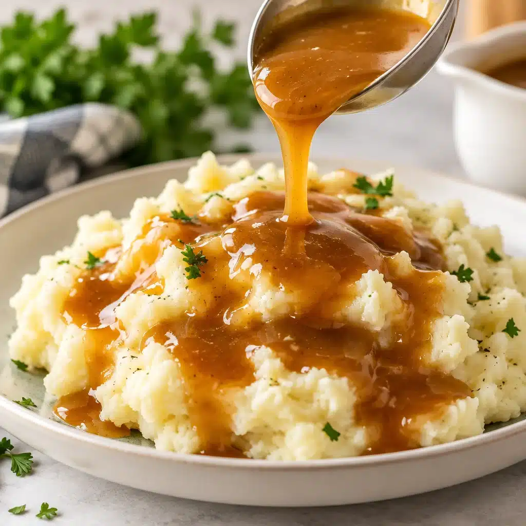 Homemade brown gravy served over mashed potatoes with fresh herbs