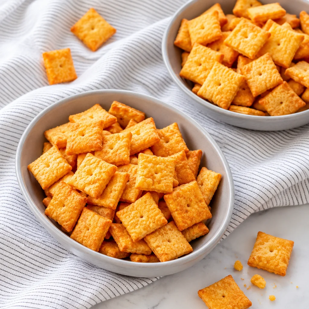 Plate of crunchy homemade Cheez-Its made with cheese and simple ingredients.