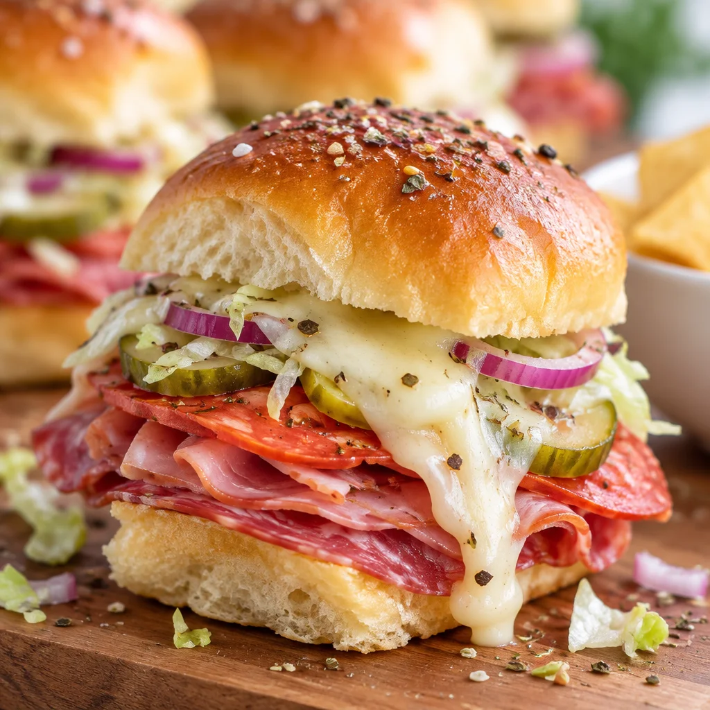 Delicious Italian grinder sliders piled with deli meats and creamy dressing on Hawaiian rolls.