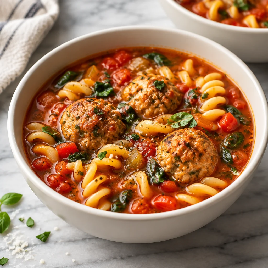 Delicious Italian meatball soup with juicy meatballs, vegetables, and rich tomato broth.