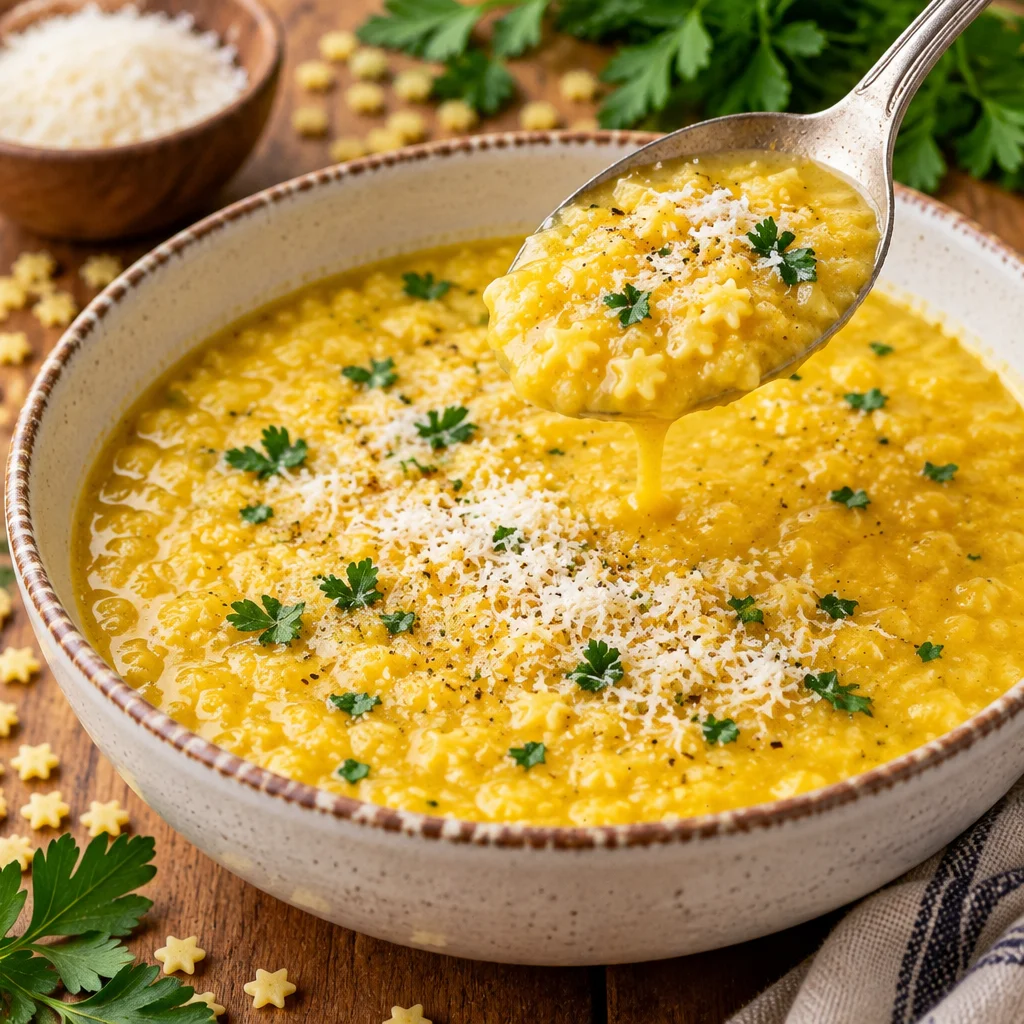 Bowl of Italian penicillin soup with pastina noodles and vibrant vegetables