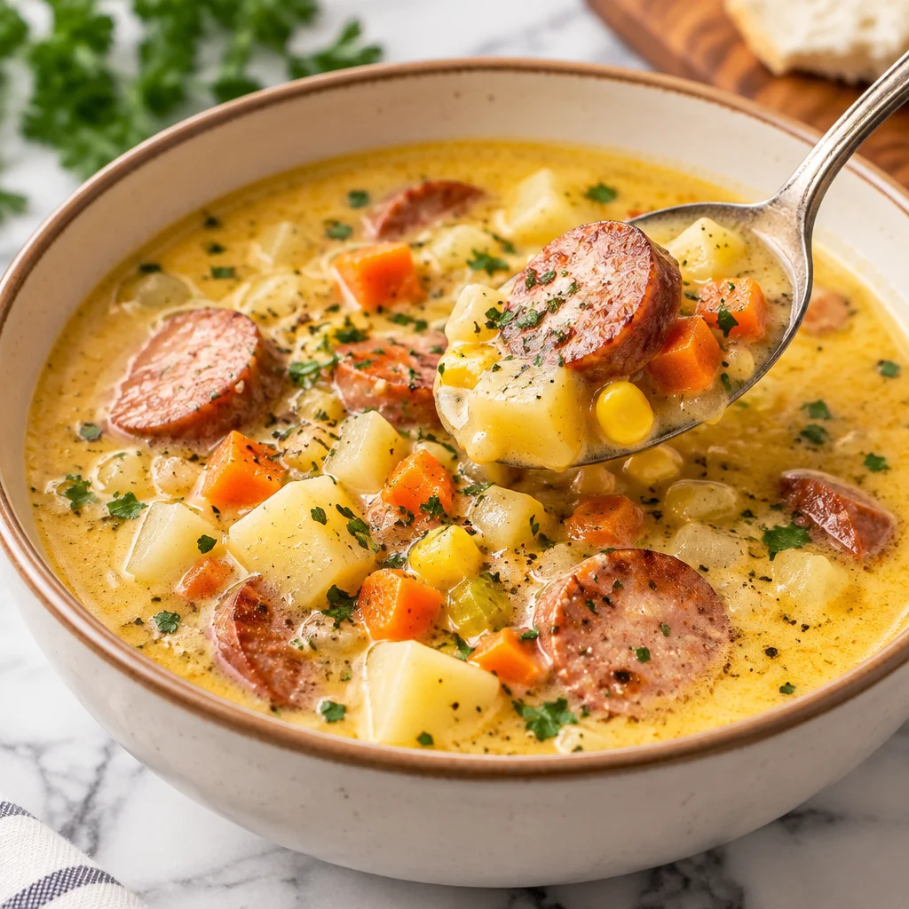 Creamy kielbasa potato soup with vegetables and hearty sausage in a bowl.