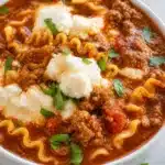 A bowl of hearty lasagna soup garnished with cheese and herbs.