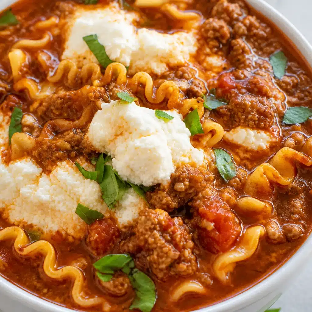 A bowl of hearty lasagna soup garnished with cheese and herbs.