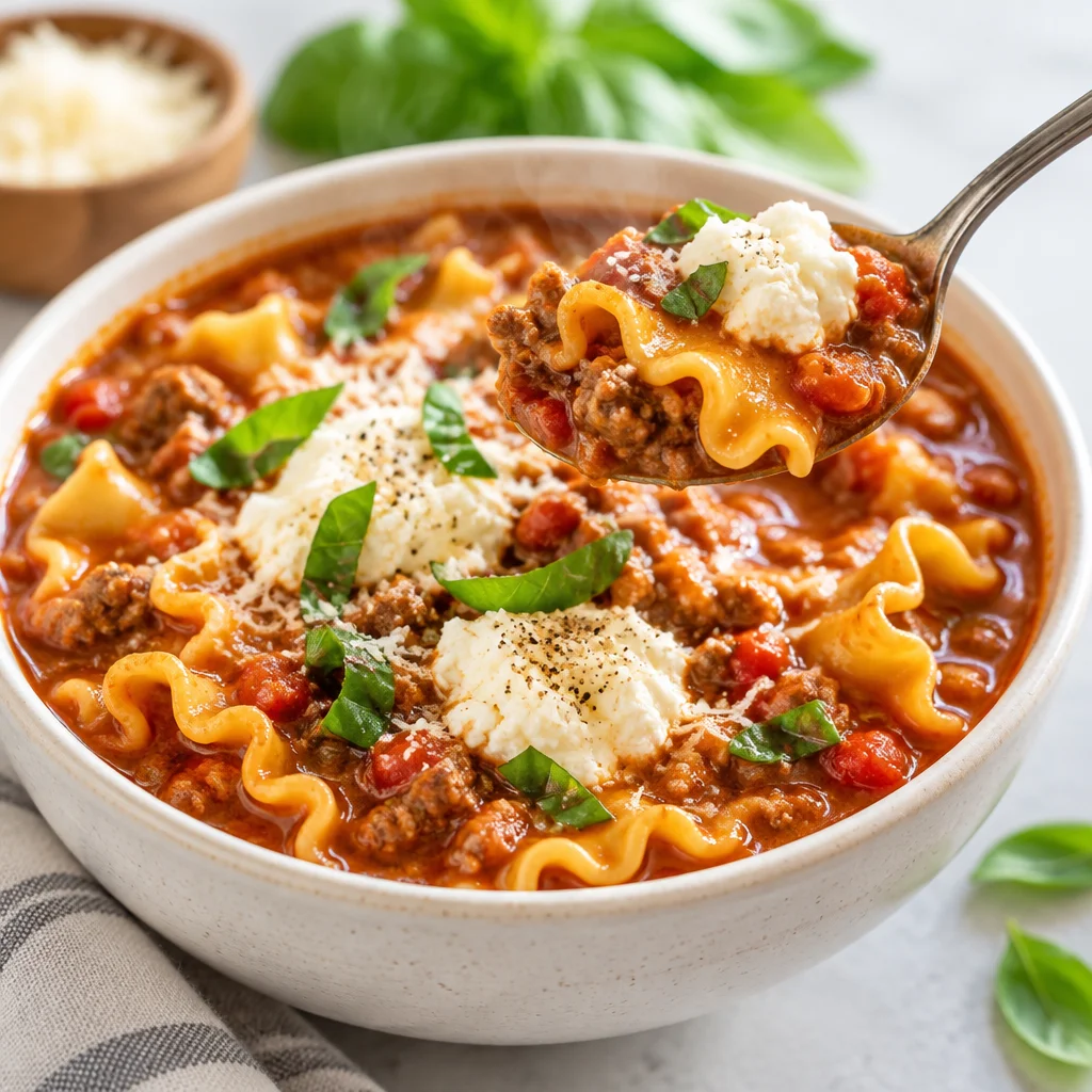 Delicious lasagna soup with cheese, noodles, and Italian spices in a warm bowl.