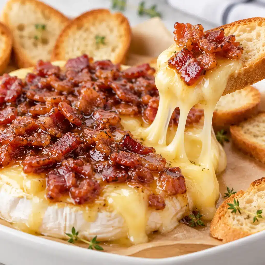Delicious maple bacon baked brie topped with crunchy bacon and rich syrup.