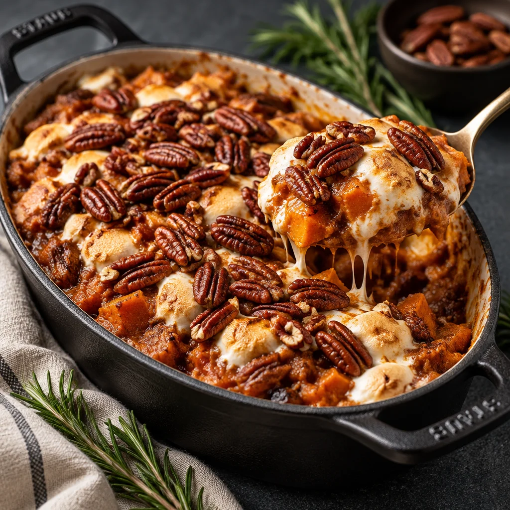 Delicious Maple Sweet Potato Casserole topped with crunchy pecans and spices.