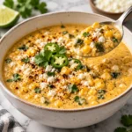 Bowl of creamy Mexican street corn soup topped with cilantro and lime.