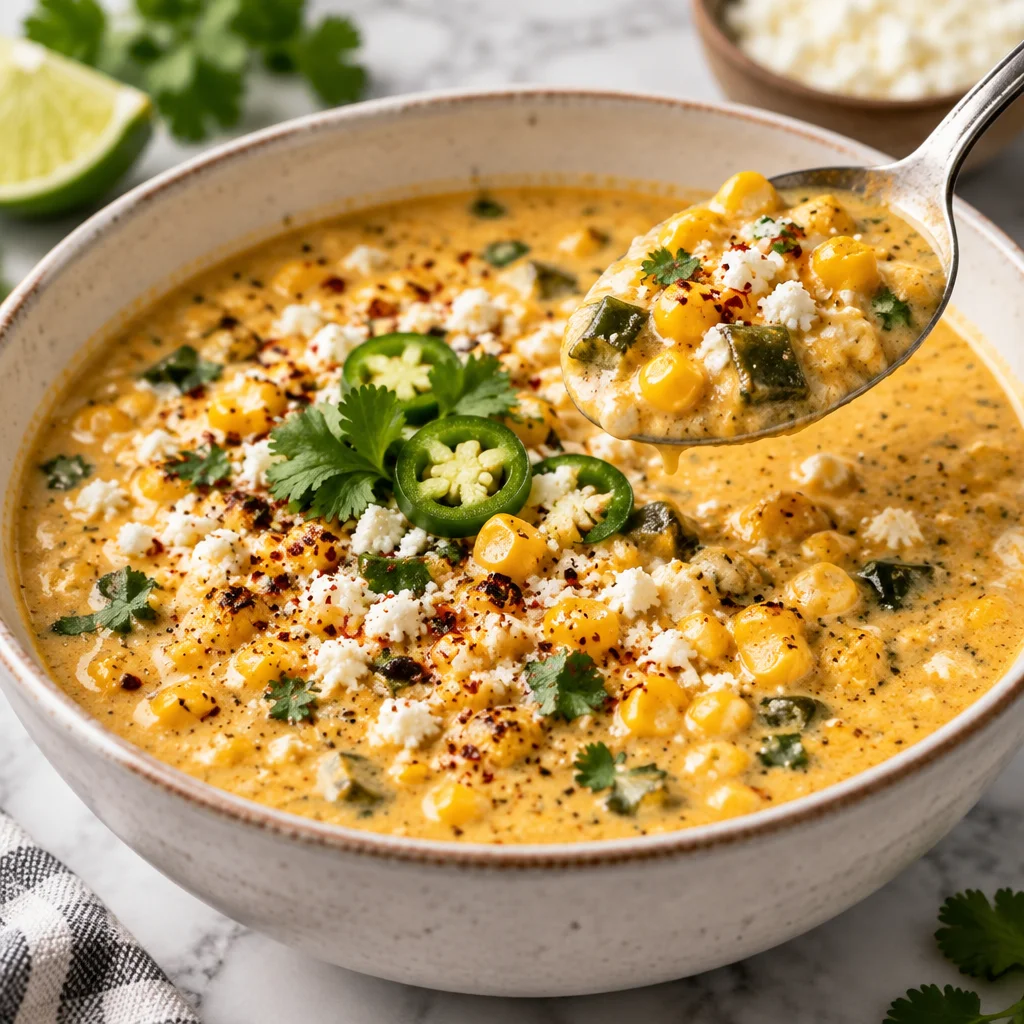 Bowl of creamy Mexican street corn soup topped with cilantro and lime.