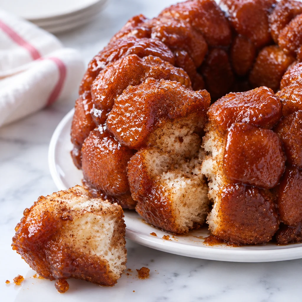 Delicious monkey bread made with biscuits, coated in cinnamon sugar and buttery sauce.