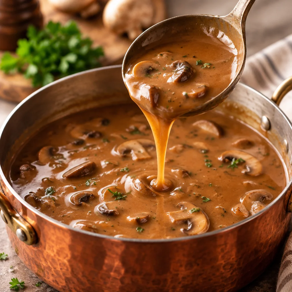 Delicious homemade Mushroom Gravy served over mashed potatoes