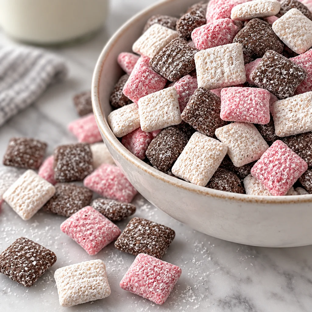 Delicious bowl of Neapolitan Puppy Chow with chocolate and strawberry flavors.