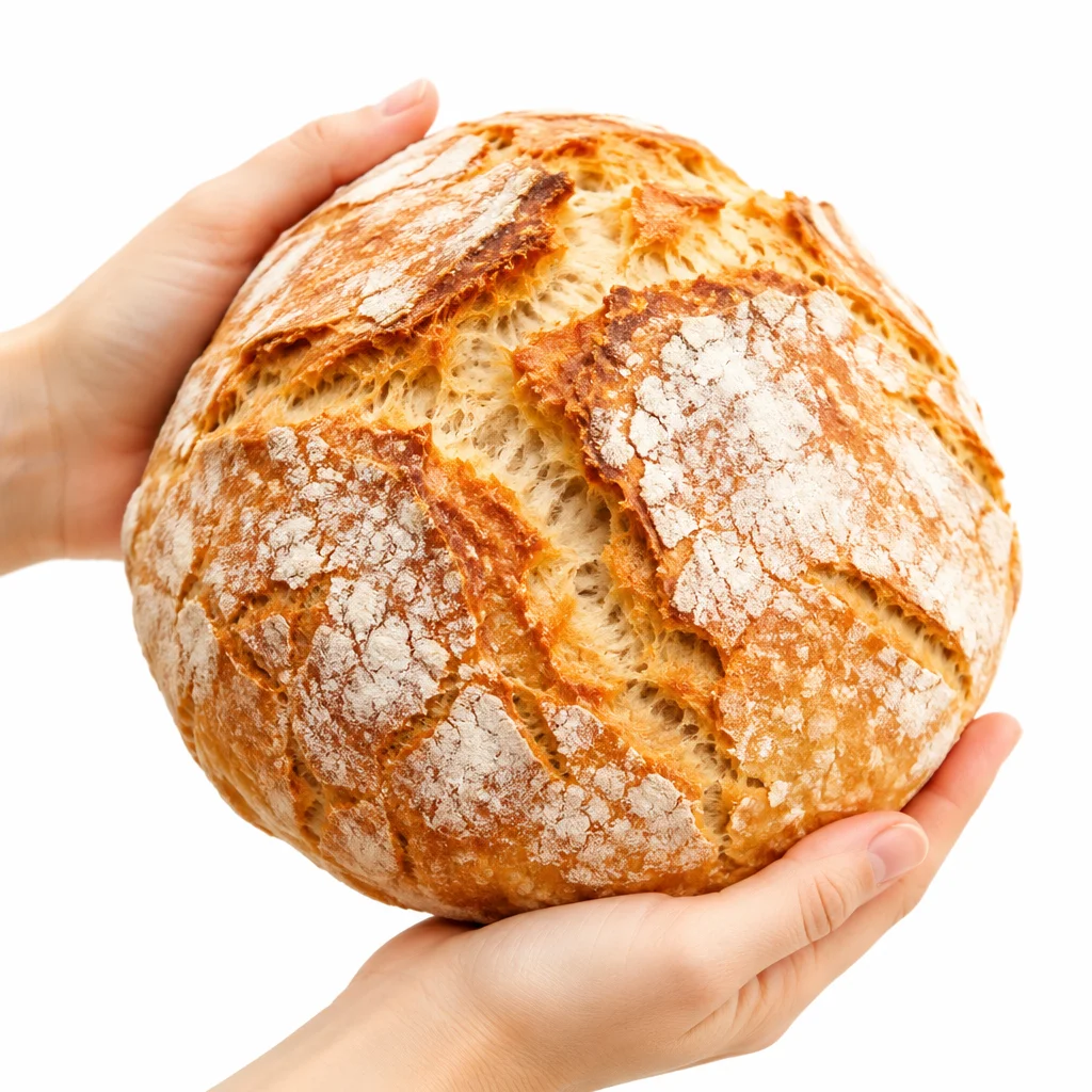 Homemade no knead bread with a golden crust, fresh out of the oven.