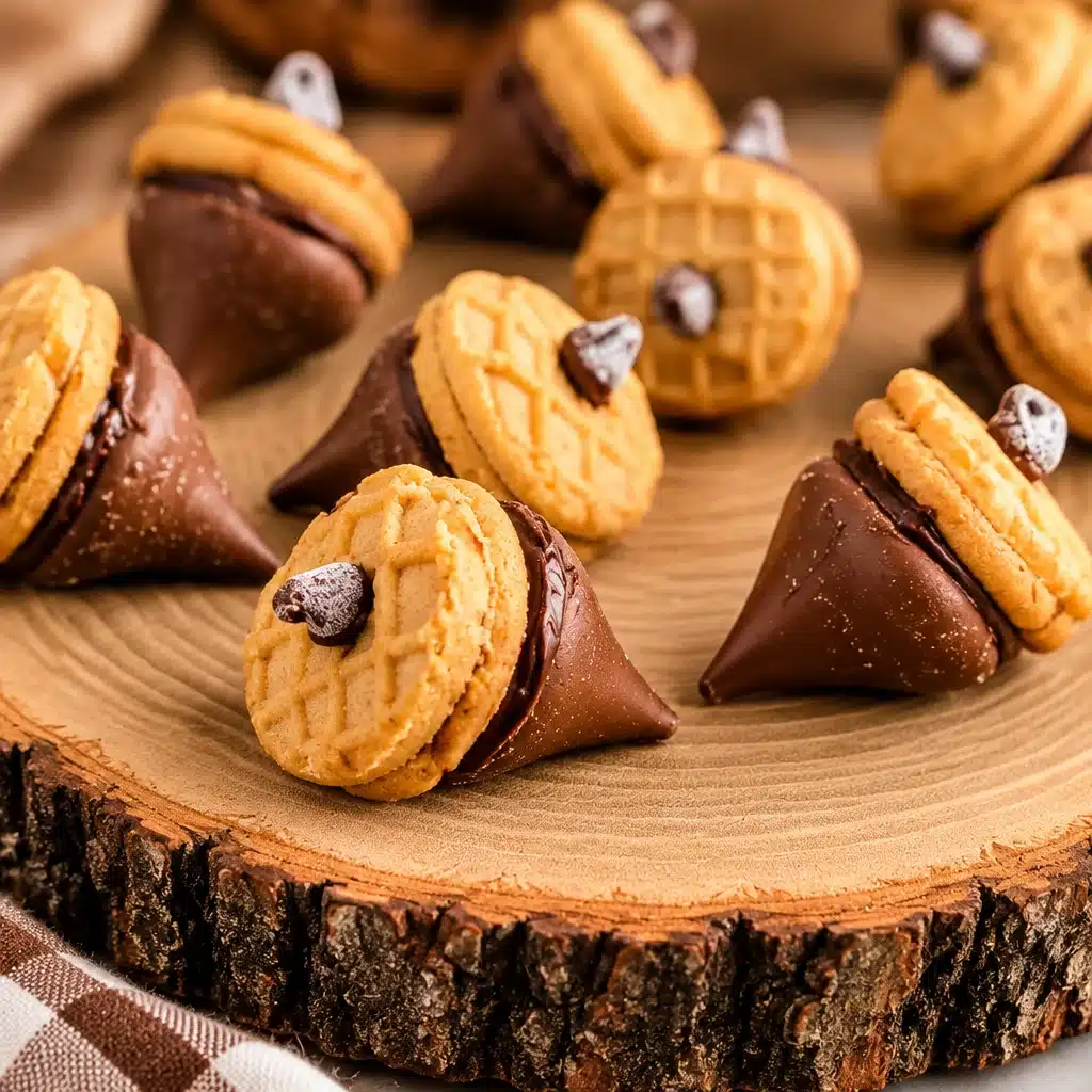 Delicious Nutter Butter acorn cookies made with peanut butter cookies, chocolate kisses, and pretzel stems.