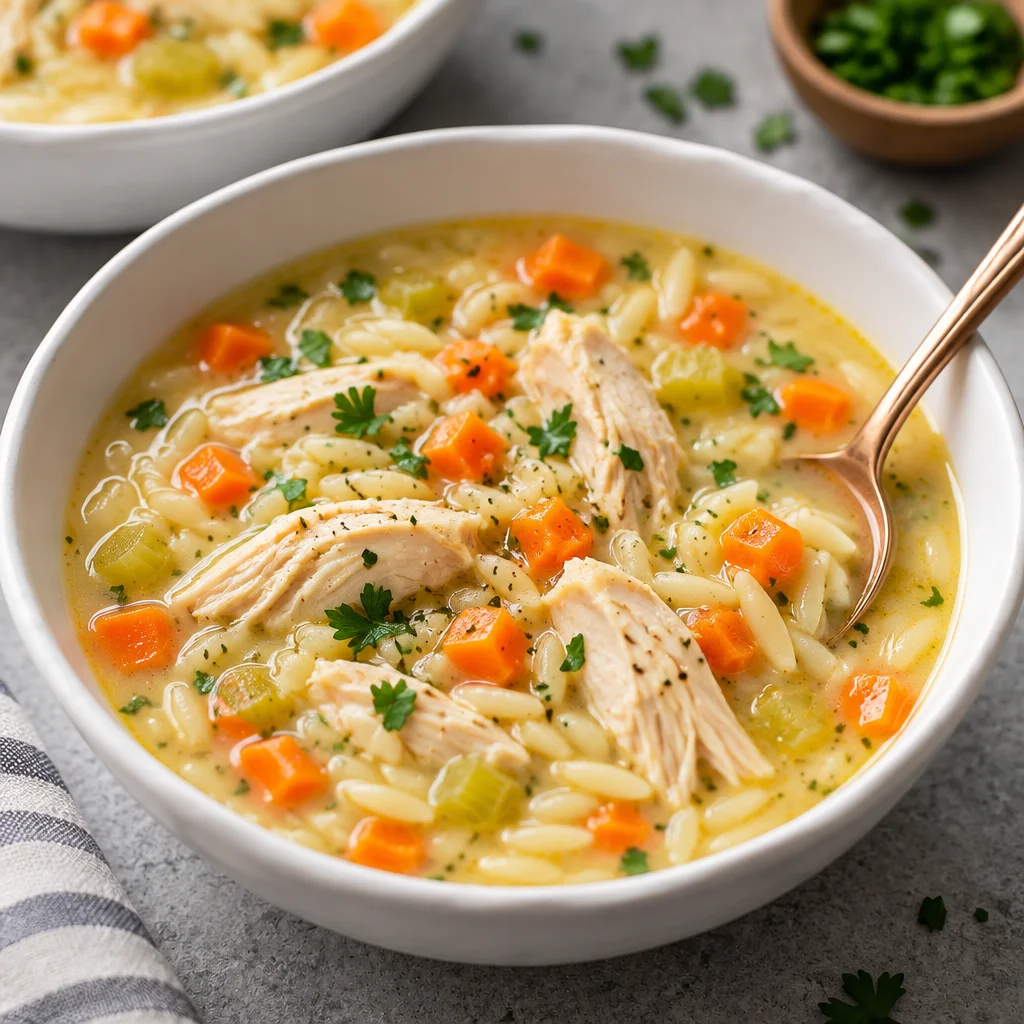 Hearty bowl of Orzo Soup with fresh vegetables and herbs.
