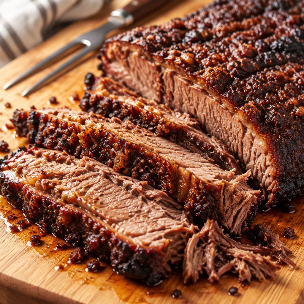 Juicy slices of oven baked brisket served on a platter, garnished with herbs.