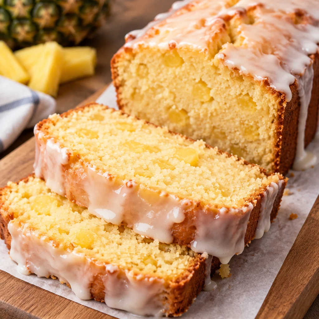 Delicious homemade pineapple bread topped with pineapple glaze, showcasing moist texture.