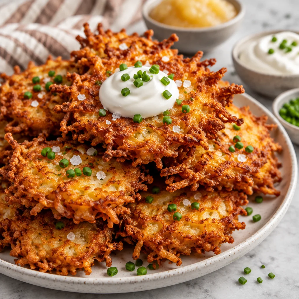 A plate of light and crispy potato latkes garnished with sour cream and chives.