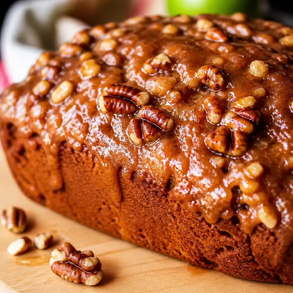 Delicious slices of praline apple bread topped with a caramel glaze and pecans.