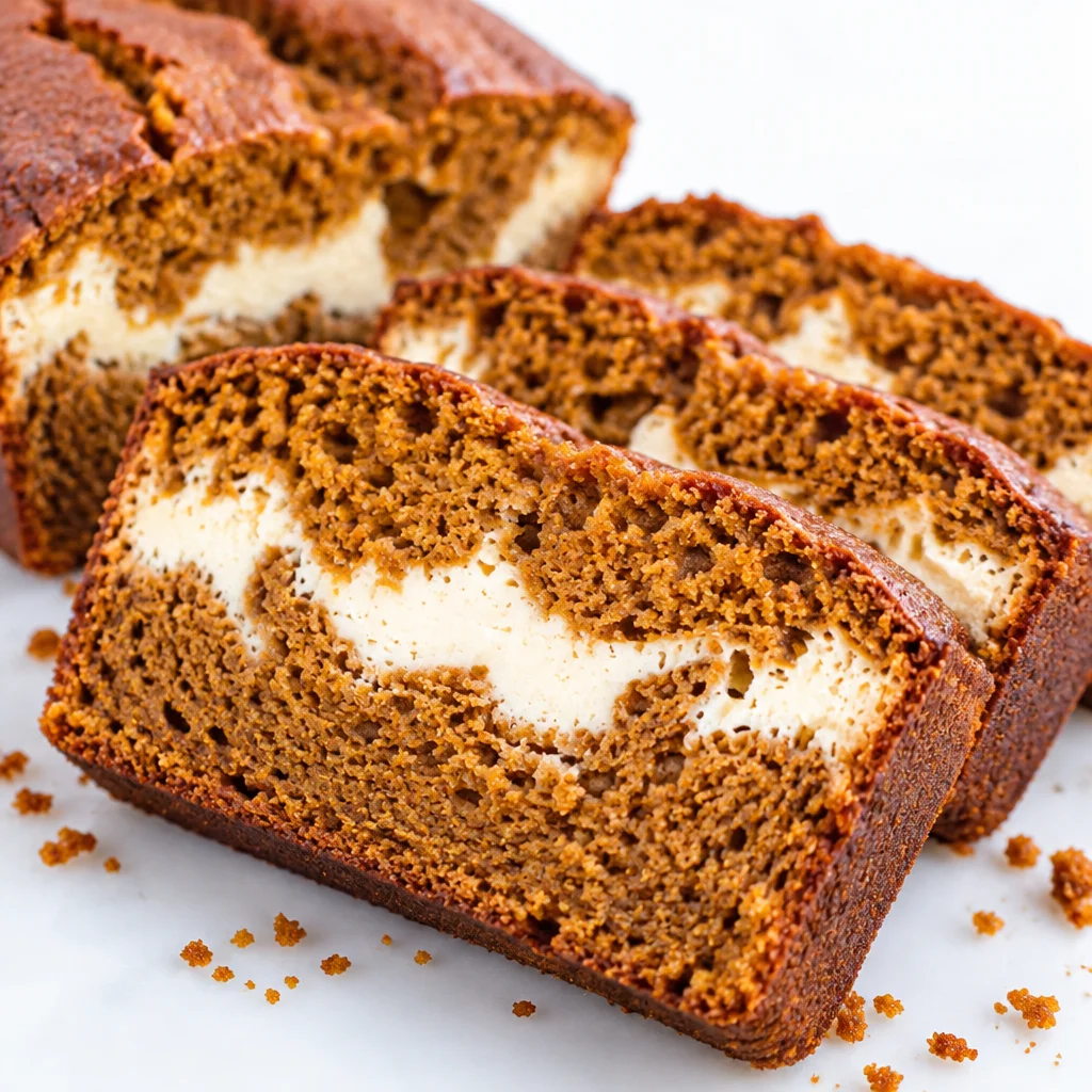 Moist and tender Pumpkin Cream Cheese Bread with a creamy swirl, perfect for fall.