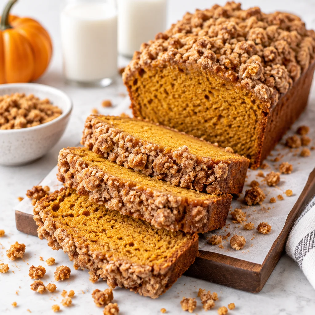 Moist Pumpkin Streusel Bread with buttery crumble topping.
