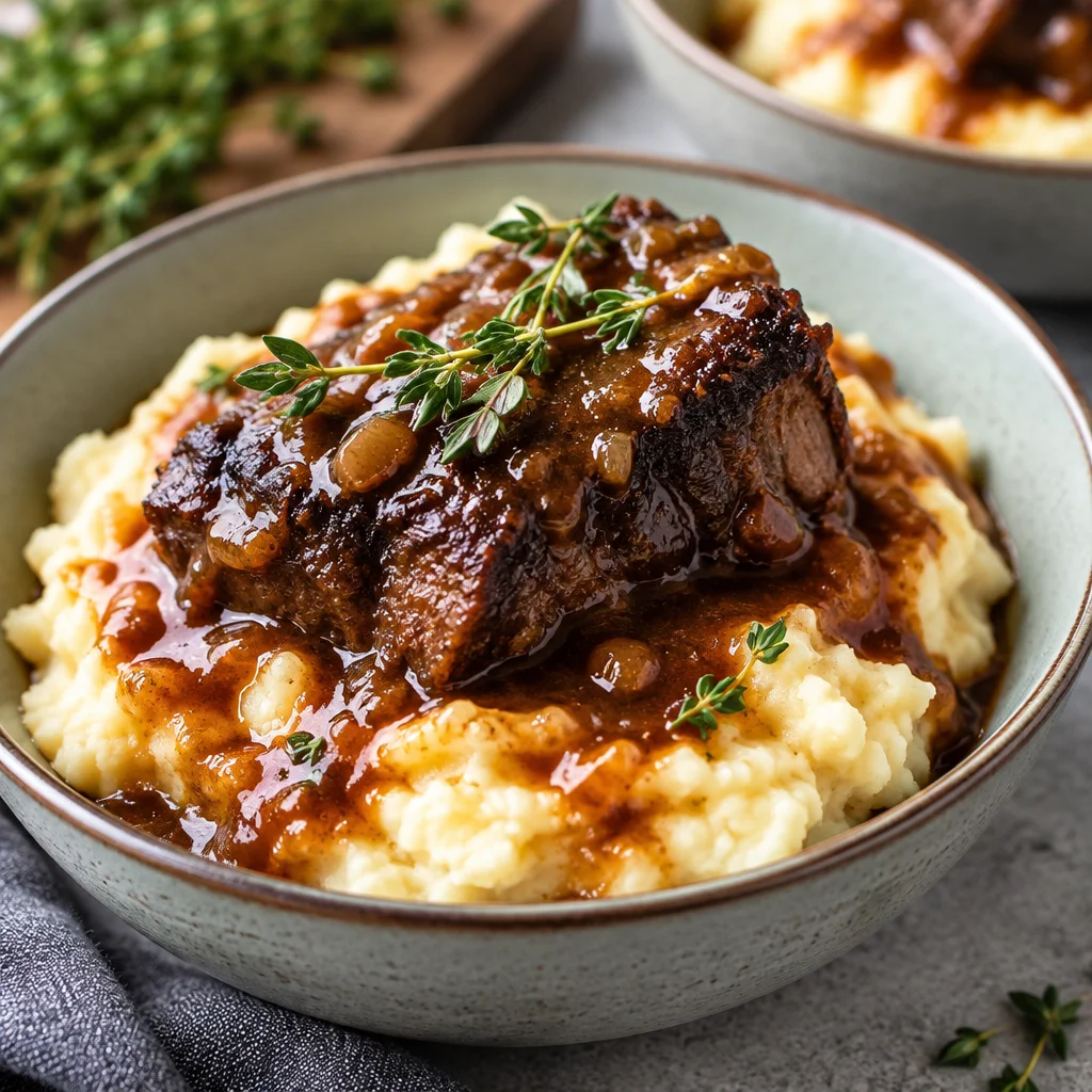 Delicious red wine braised short ribs served with aromatic gravy.