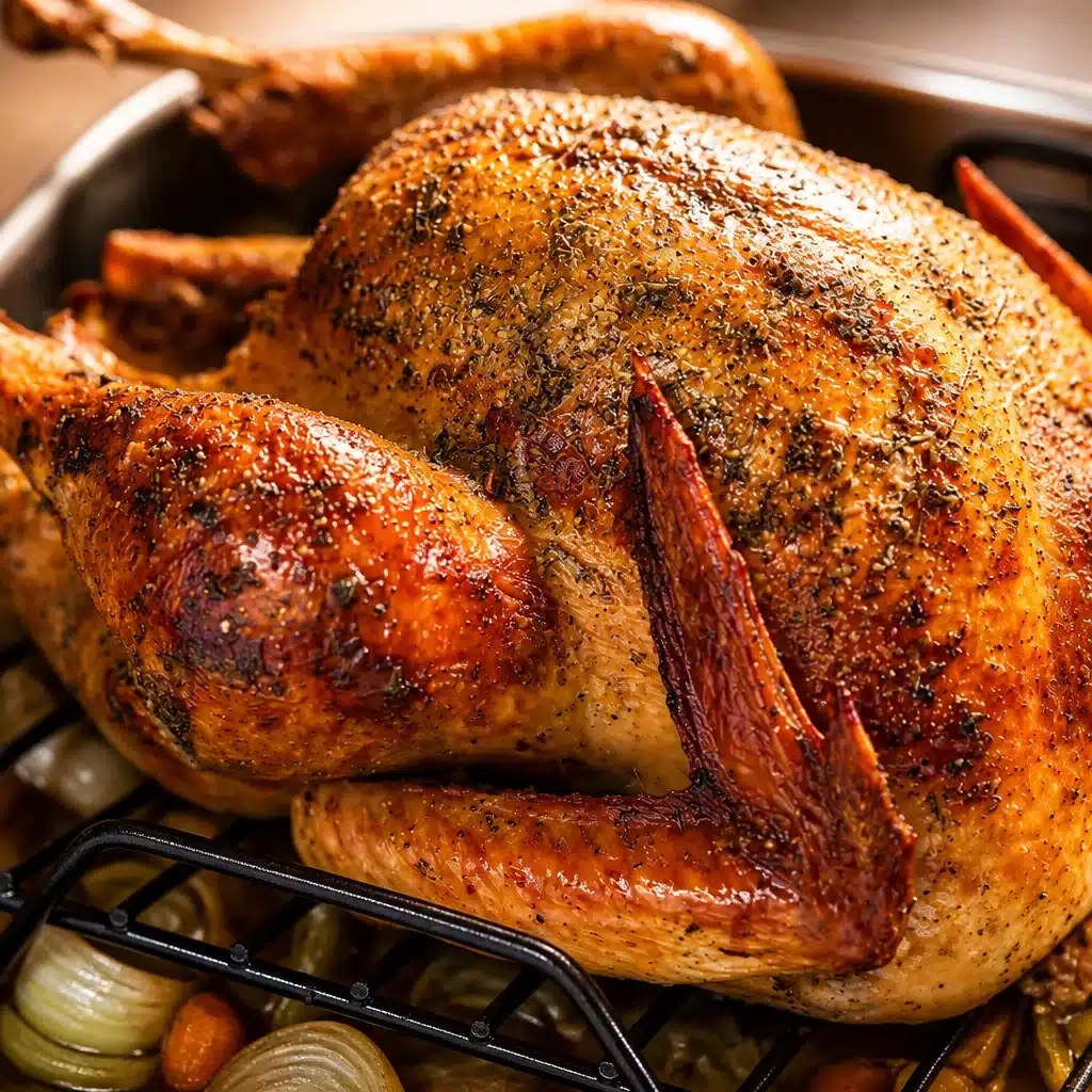 Perfectly roasted turkey with crispy skin and juicy meat, ideal for Thanksgiving.