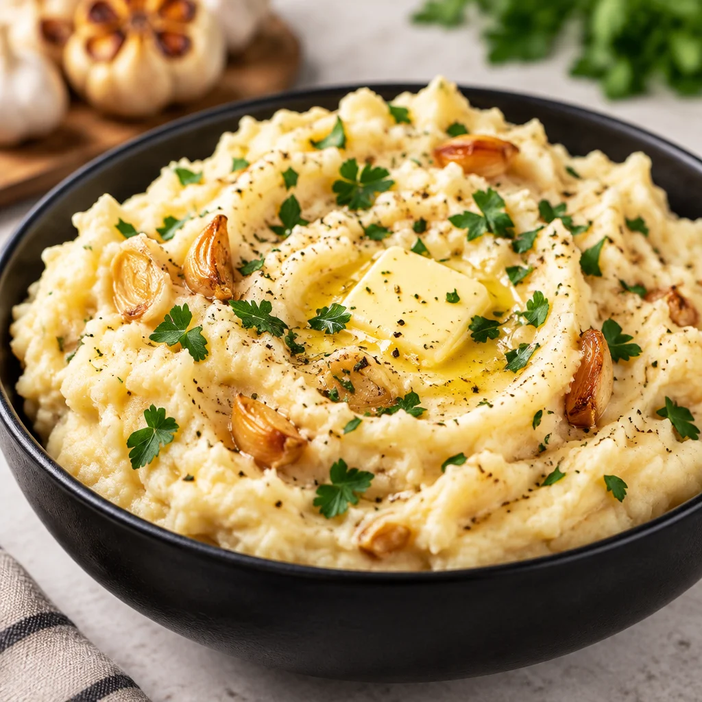 Creamy roasted garlic mashed potatoes with a silky texture and rich flavor.