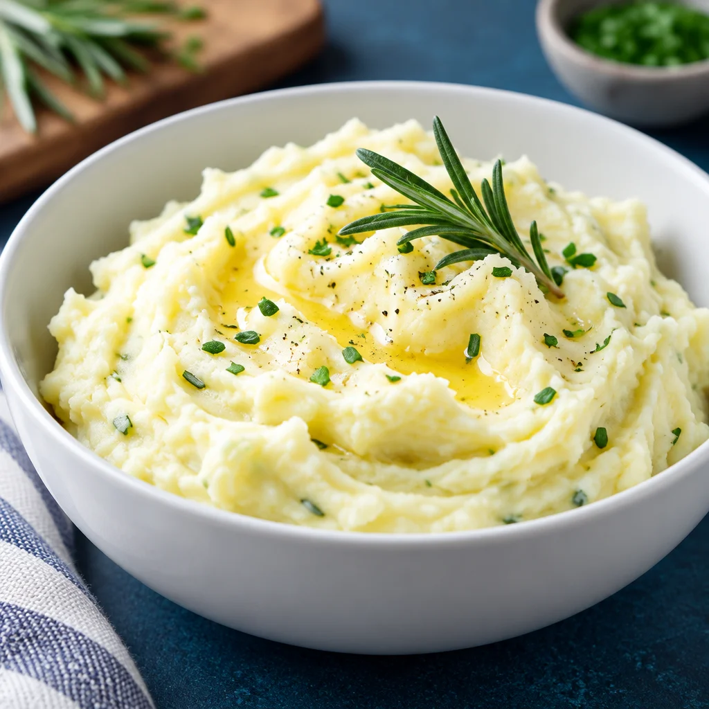 Creamy rosemary garlic mashed potatoes infused with roasted garlic and fresh herbs.
