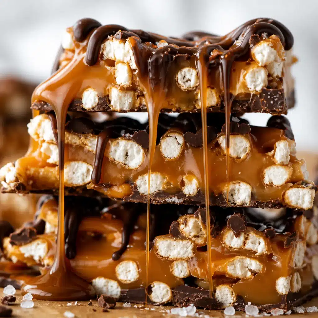 Delicious homemade Salted Caramel Pretzel Bark with chocolate, pretzels, and caramel.